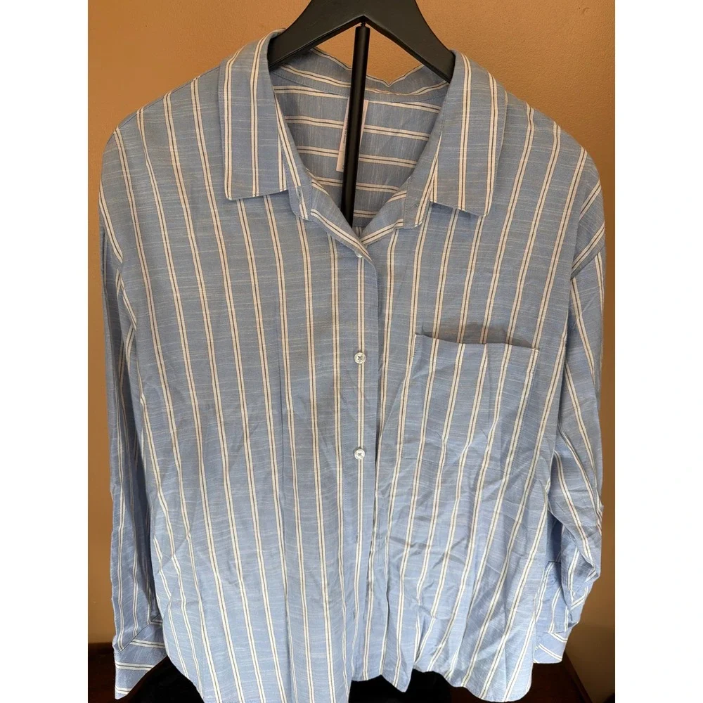 Auden Blue White Striped Long Sleeve Pajama Top Button‎ Down Sleep Shirt Large
